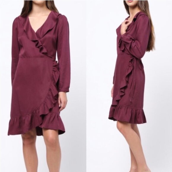 ANTHROPOLGIE mo:vint Tencel Plum Purple Ruffle Wrap Dress Size Small - Picture 1 of 16